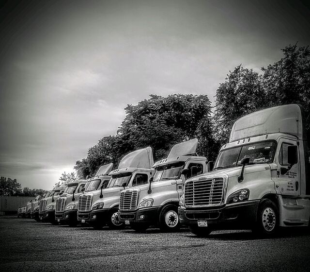 Line of DE Hartman trucks in the yard