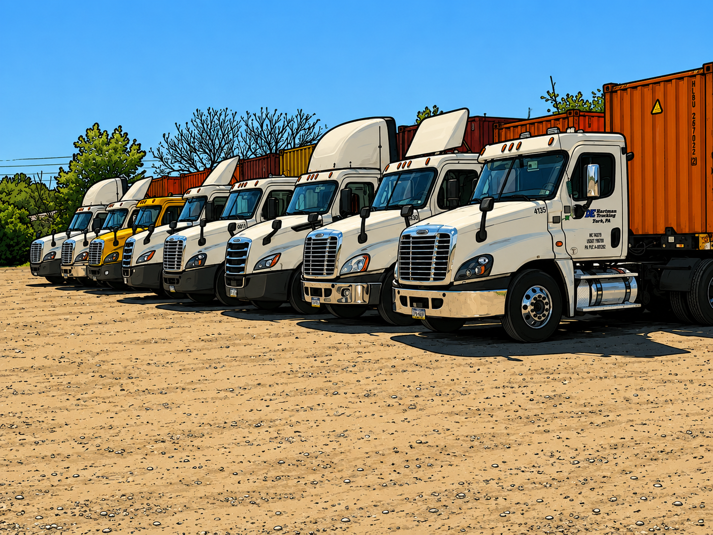 Line of DE Hartman trucks in the yard